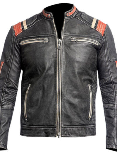 Retro Moto Cafe Racer Distressed Black Leather Biker Jacket mens