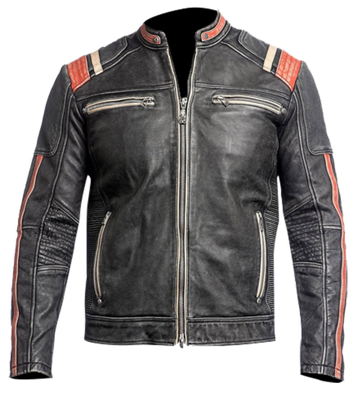 Men's Retro Moto Cafe Racer Distressed Black Leather Biker Jacket