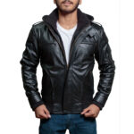 High-Street Slim Fit Biker Faux Hooded Leather Jacket – Black