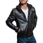 High-Street Slim Fit Biker Faux Hooded Leather Jacket – Black