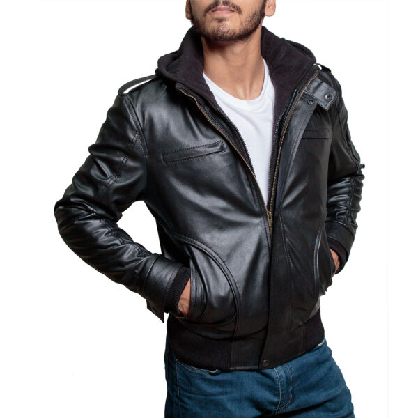 High-Street-Slim-Fit-Biker-Faux-Hooded-Leather-Jacket-Black