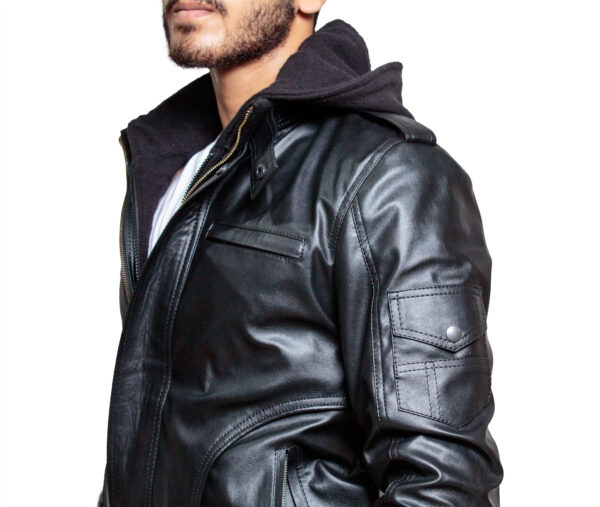 High-Street-Slim-Fit-Biker-Faux-Hooded-Leather-Jacket-Black