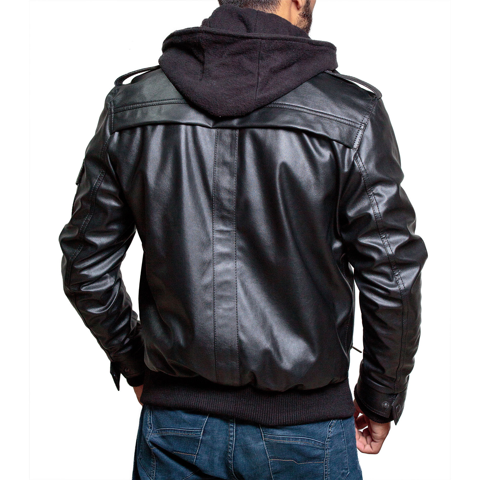 High-Street Slim Fit Biker Faux Hooded Leather Jacket - Black ...