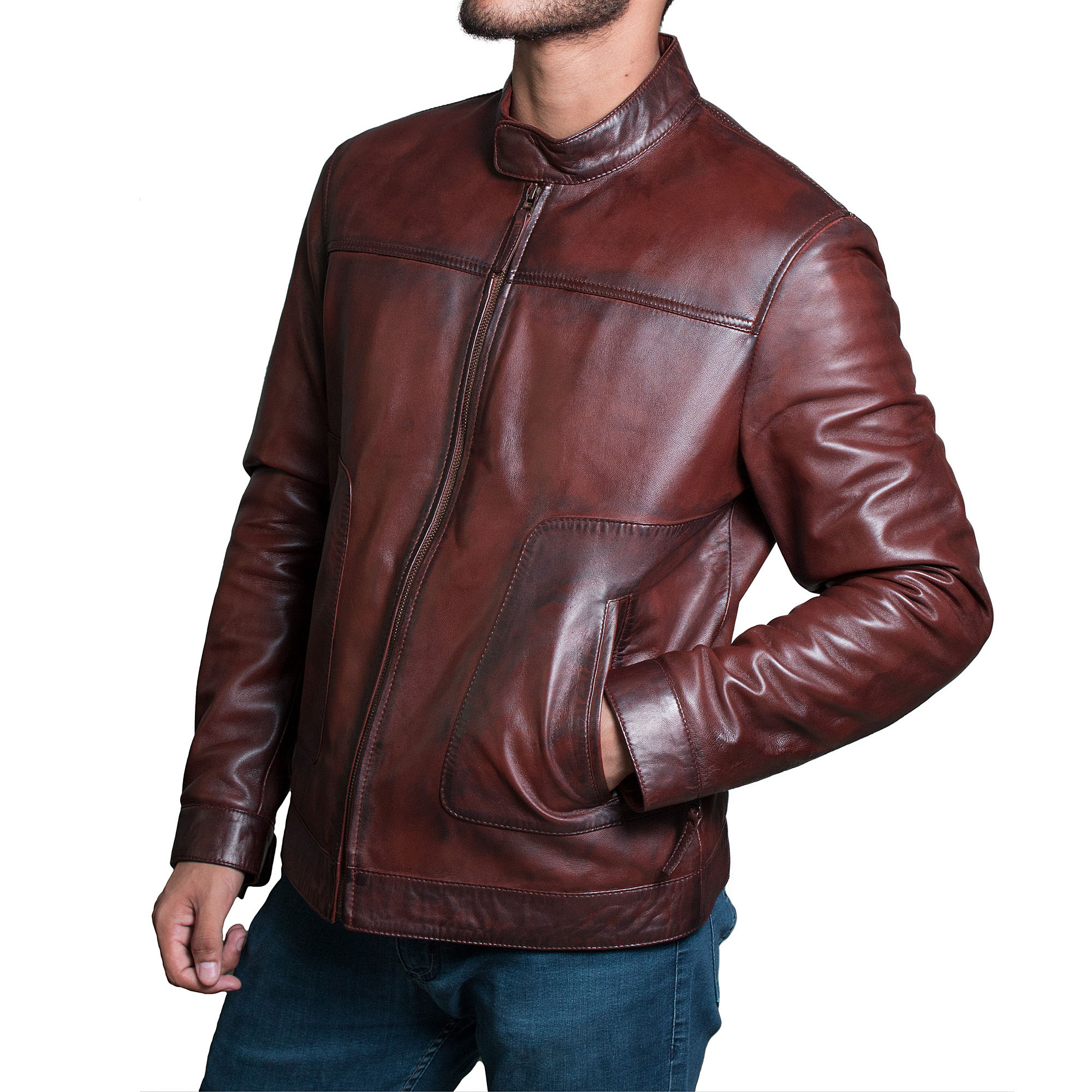  Men  s Brown Slim Fit Soft  Wax Classic Leather  Jacket  