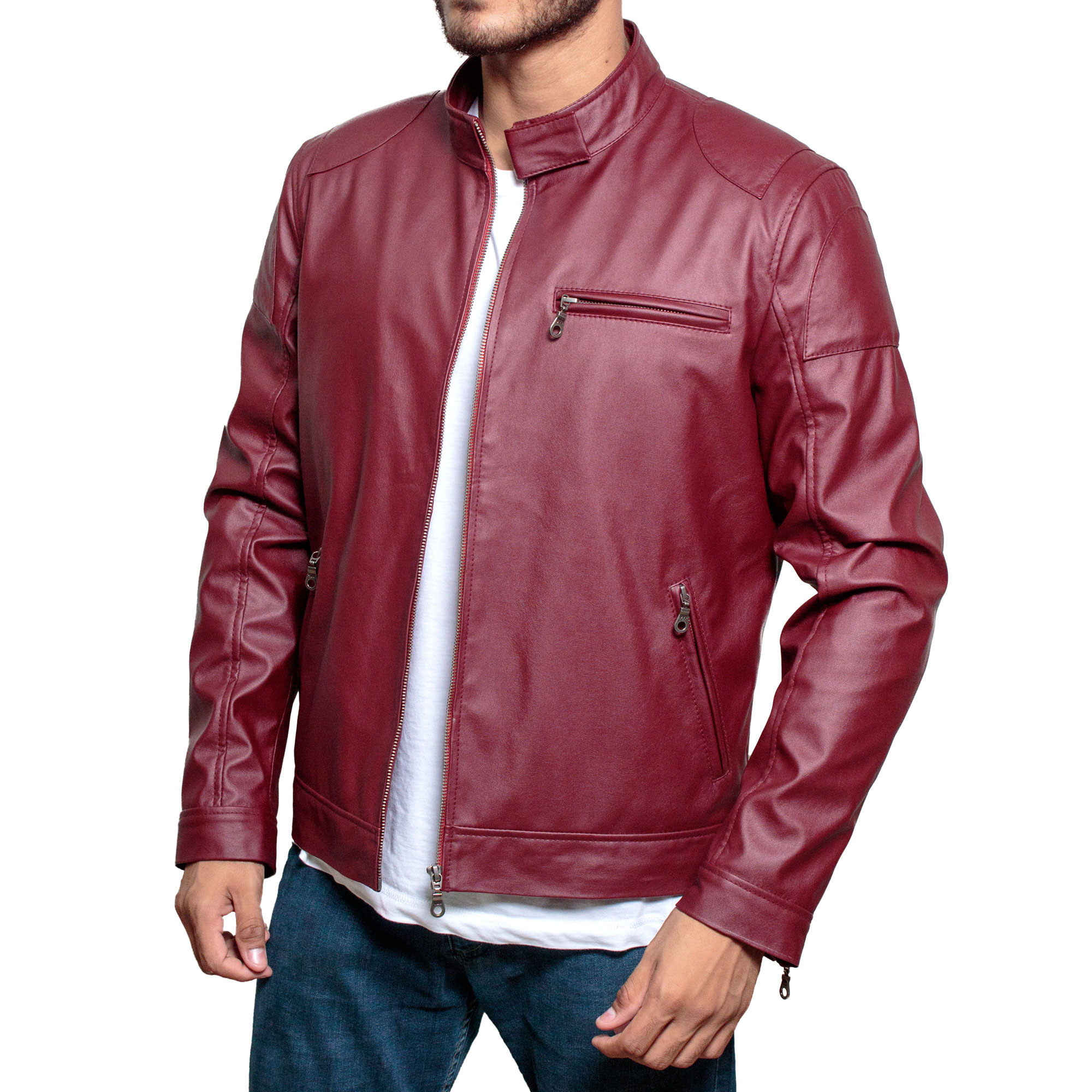 red faux leather jacket