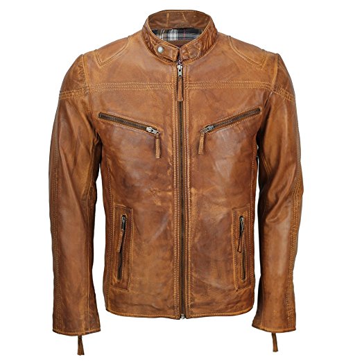 Stylish Vintage Tan Brown Leather Biker Jacket