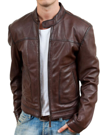 Waxed Brown Leather Biker Jacket mens