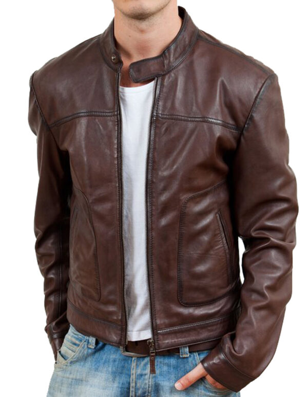 Waxed Brown Leather Biker Jacket mens