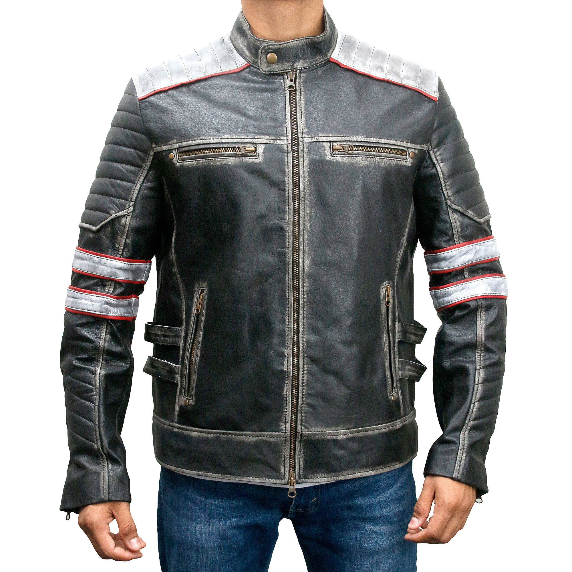 Retro Style Cafe Racer Moto Biker Distressed Leather Jacket