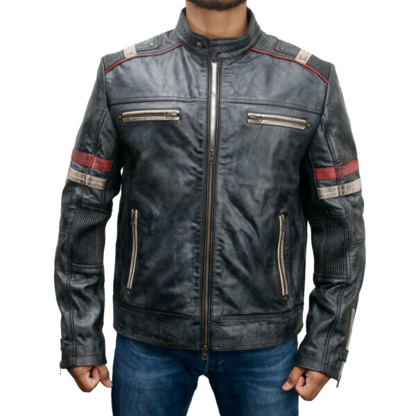 Retro Style 2 Cafe Racer Distressed Black Leather Biker Jacket