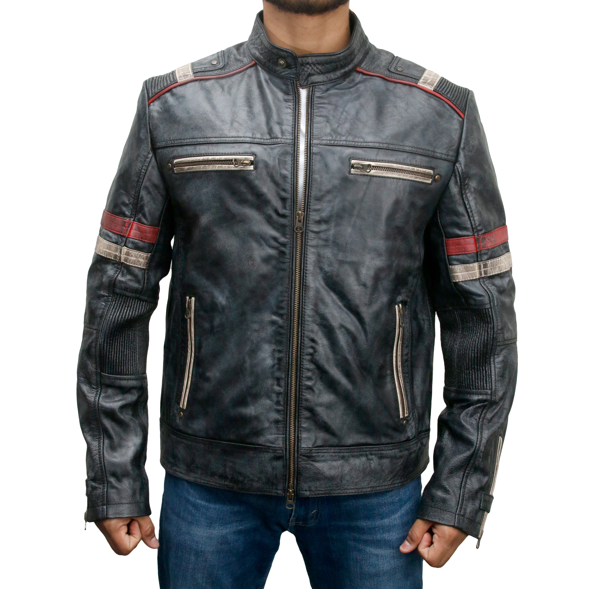 thumbnail image 2 of Men's Vintage Distressed PU Leather Jacket - Racer Biker Style Casual Spencer For Fall & Winter 2 of 13