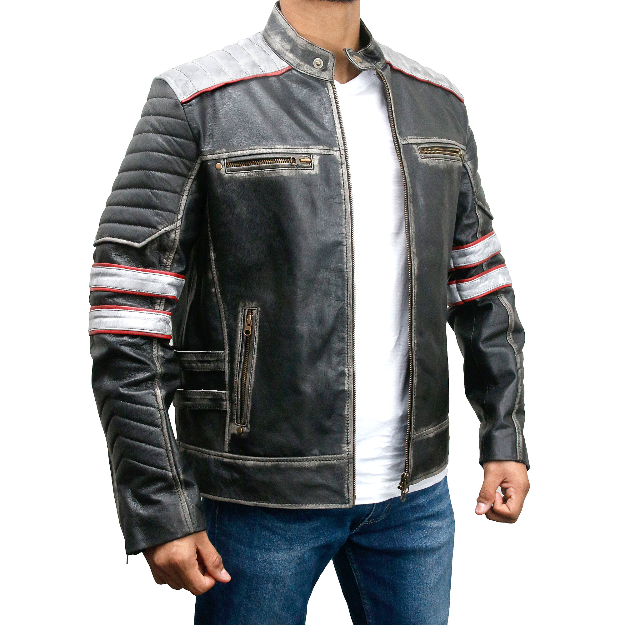 Men's Retro Style Cafe Racer Distressed Black Leather Biker Jacket