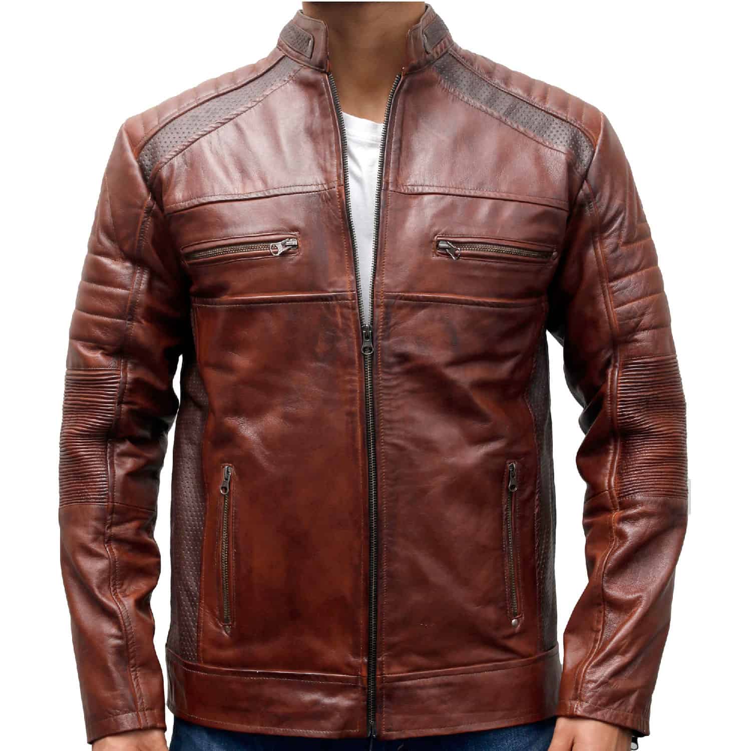 Men's Cafe Racer Distressed Brown Leather Motorcycle Jacket