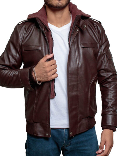 Mens Brown Leather Jacket with Hood Removable