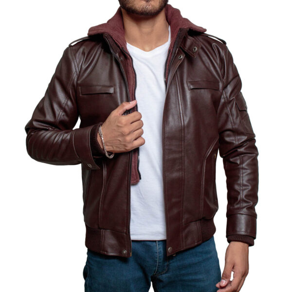 Mens Brown Leather Jacket with Hood Removable