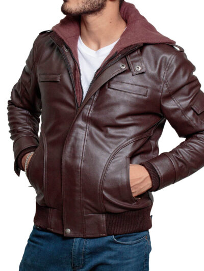XJ Mens Brown Leather Jacket with Hood - Image 2