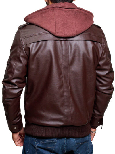 XJ Mens Brown Leather Jacket with Hood - Image 3