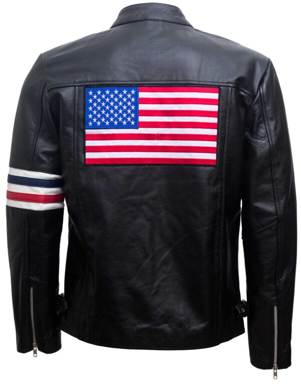 black leather biker jacket with american flag on the back