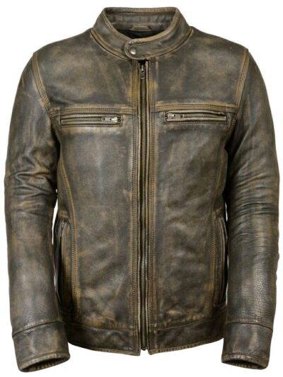 Triple Stitch Khaki Distressed Brown Leather Biker Jacket