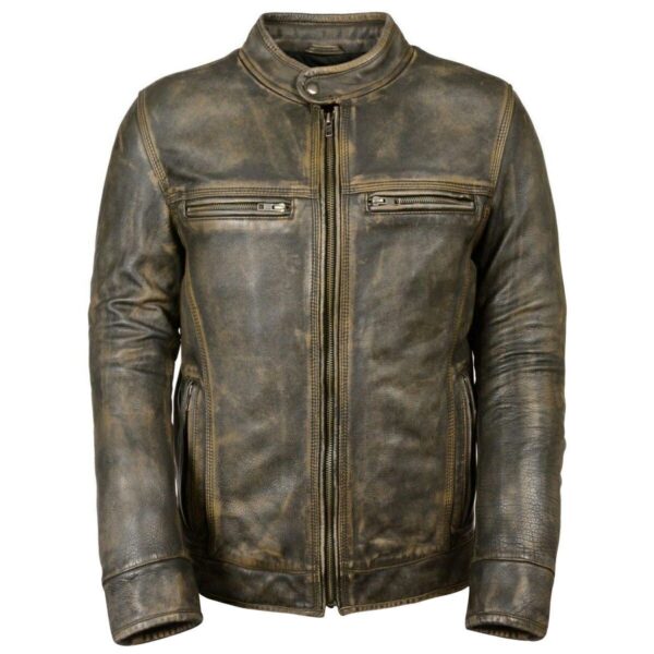 Triple Stitch Khaki Distressed Brown Leather Biker Jacket