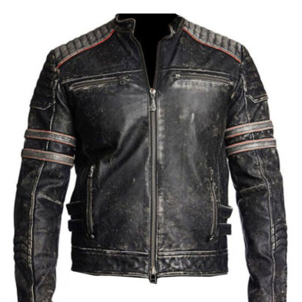 Retro One Cafe Racer Distressed Black Leather Biker Jacket