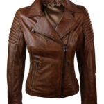Women Slim Fit Brown Leather Jacket in real leather