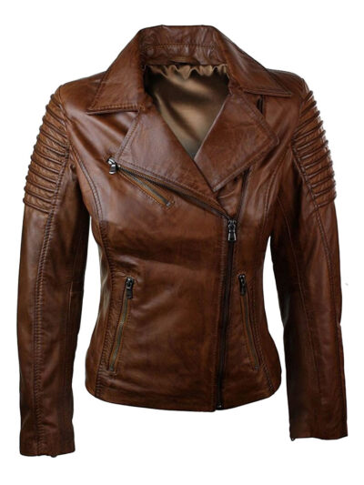 Womens Brown Leather Motorcycle Jacket in real leather