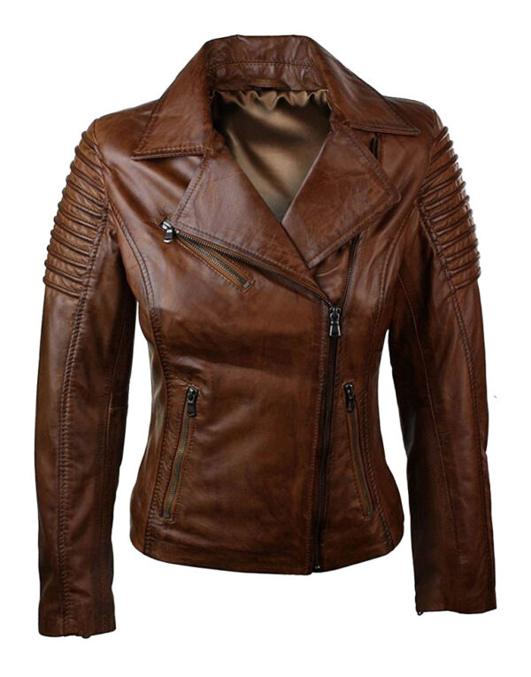 Womens Brown Leather Motorcycle Jacket in real leather