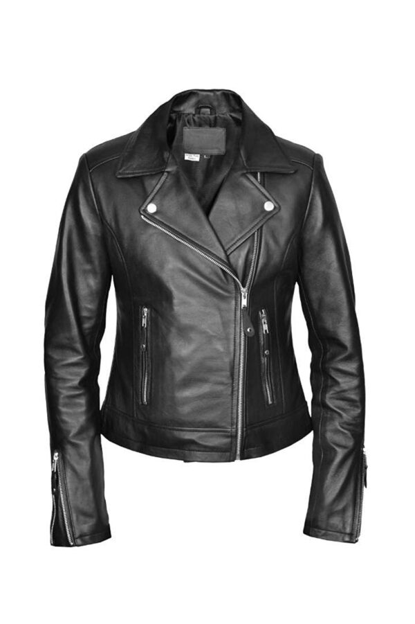 Women's black leather motorcycle jacket