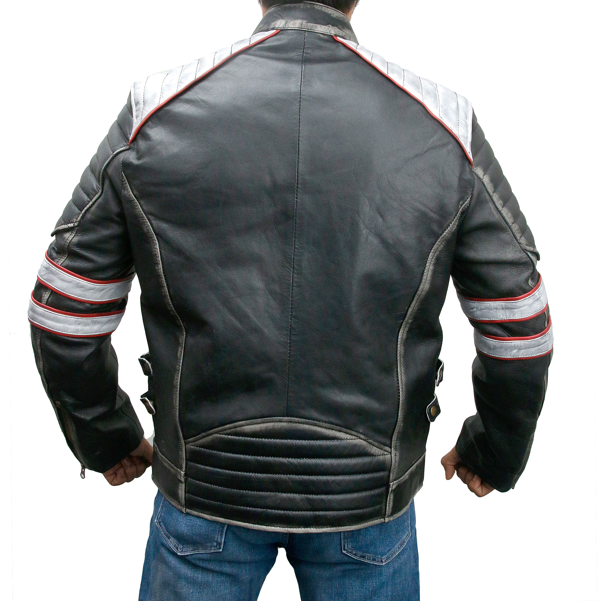 thumbnail image 2 of FZ Men's Vintage Biker Style Motorcycle Cafe Racer Distressed Leather Jacket - Black, Solid 2 of 6