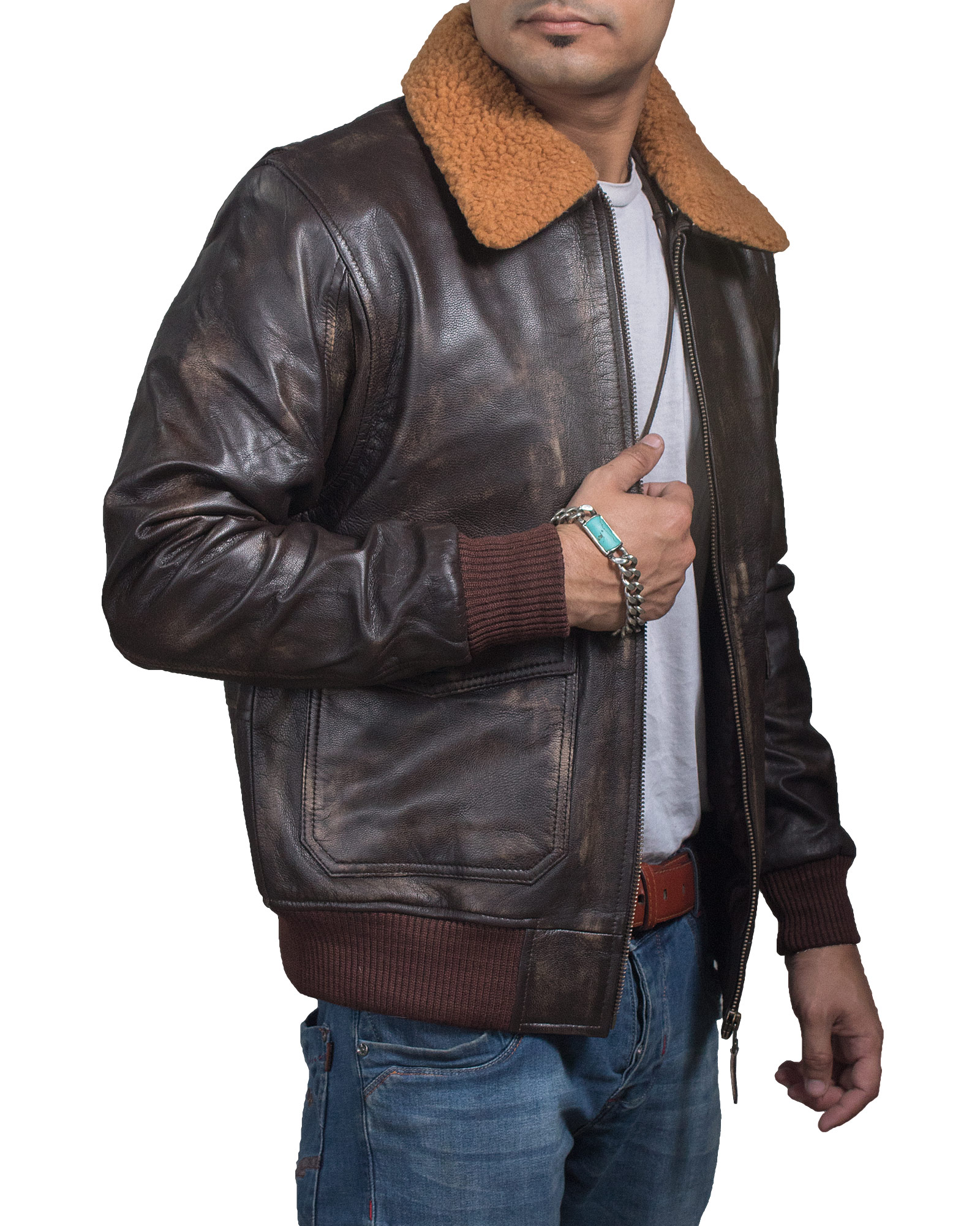 Men's US Navy G-1 Flight Distressed Brown Leather Bomber Jacket