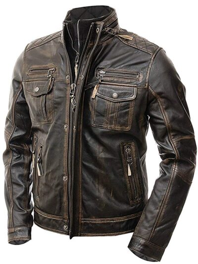 Cafe Racer Distressed Brown Leather Motorcycle Jacket - Image 2