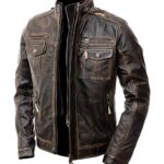 Cafe Racer Distressed Brown Leather Motorcycle Jacket for Mens