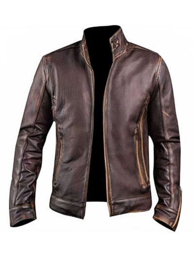 Racer Brown Distressed Leather Motorcycle Jacket - Image 2