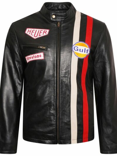 steve mcqueen grand prix gulf racing leather jacket black